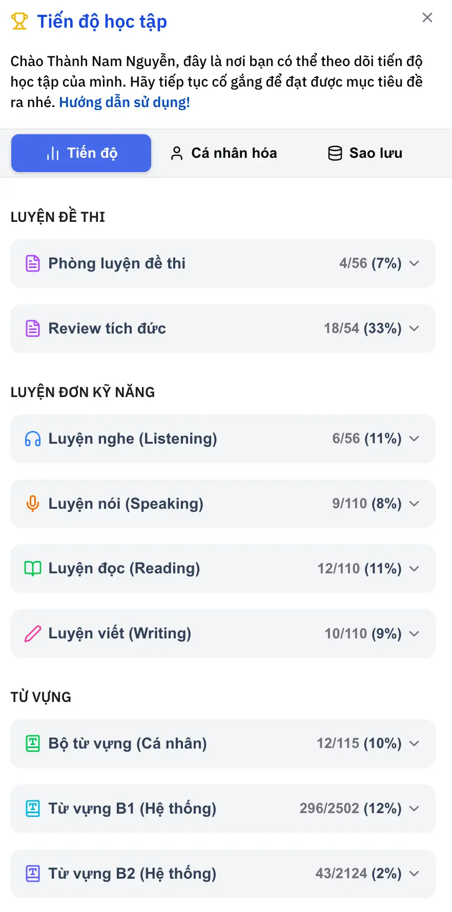 hdsd tiến độ học tập