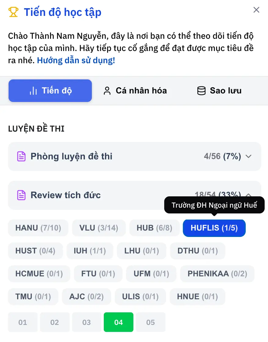 hdsd tiến độ học tập